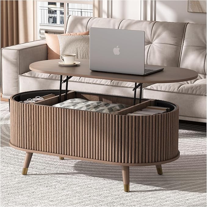 JOINICE 42.5" Oval Lift Top Coffee Table with Storage, Mid Century Modern Walnut Center Table with Fluted Design, Solid Wood Legs & Hidden Compartment, Pop Up Coffee Table for Living Room