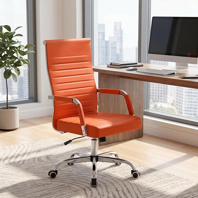 Furmax Ergonomic Office Desk Chair, Executive Ribbed Mid-Back PU Leather Conference Room Chair Adjustable Swivel Chair with Arms (1, Orange)
