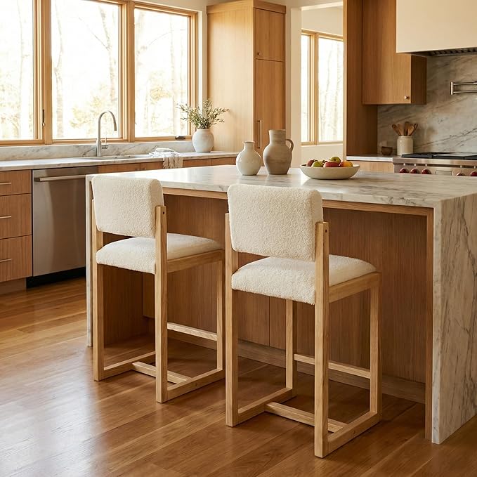 DUOMAY Modern Bar Stools Set of 2, 26" Counter Height Barstools, Sherpa Upholstered Kitchen Island Chair with Light Walnut Color Wood Legs for Home, White