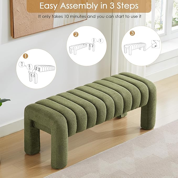 43" Boucle Bed Bench, Upholstered Channel Tufted Bench for Entryway, Accent Window Seat for Living Room, Modern Minimalist Ottoman Foot Stool, Linen Green