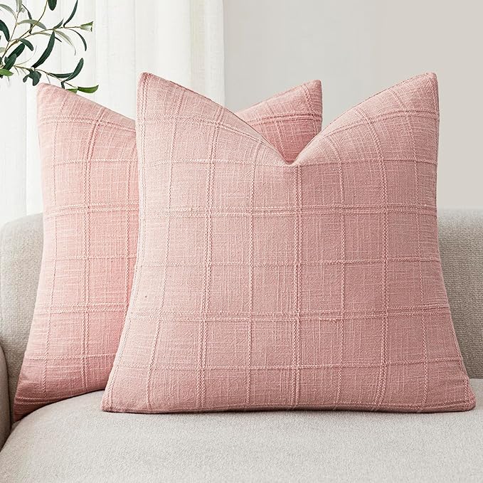 Foindtower Set of 2 Decorative Linen Check Throw Pillow Covers Neutral Farmhouse Vintage Cushion Covers Modern Boho Accent Home Decor for Sofa Chair Couch Bedroom Living Room,20×20 Inch,Light Pink
