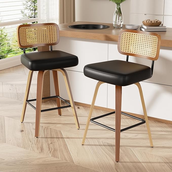 Swivel Bar Stools Set of 1, 26" Upholstered Faux Leather Counter Height Barstools with Rattan Back & Bentwood Legs, Mid Century Modern Bar Chairs Island Stools for Kitchen Counter, Black