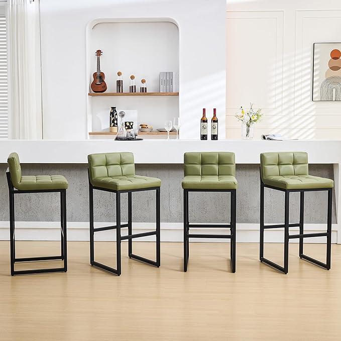 FIRAVOE Set of 4 Bar Stools, Upholstered Bar Height Barstools with Low Back and Thickened Metal Frame, Modern Tall Bar Chairs for Kitchen Island, Bar, Counter (Avocado Green, 4Pcs 30" Bar Stools)
