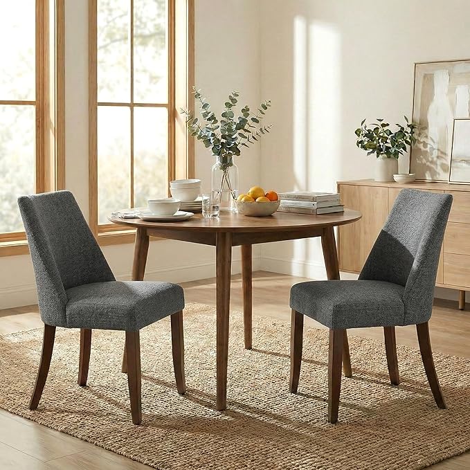 Wooden Dining Chairs Set of 2, Upholstered Farmhouse Fabric Dining Room Chair, Mid Century Kitchen Chair for Restaurant & Cafe, Dark Grey
