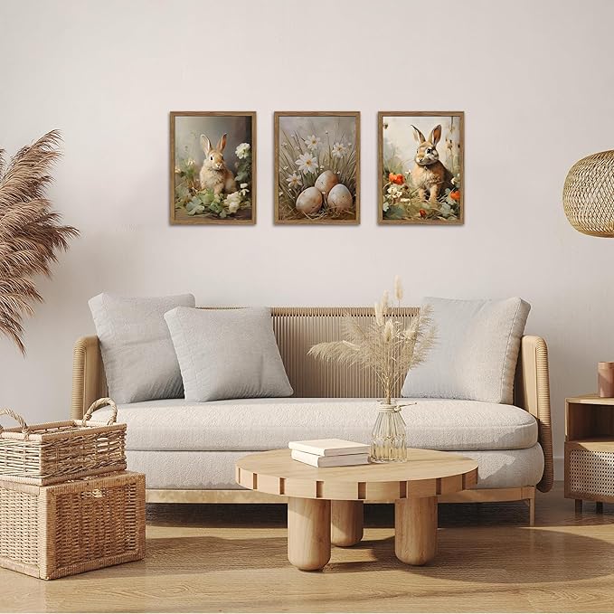 Vintage Easter Bunny Wall Art Set of 3, Spring Easter Rabbit Eggs Canvas Wall Decor Paintings, Rustic Farmhouse Animal Artwork Prints Pictures for Living Room Bedroom Bathroom 16x24 Inch Framed