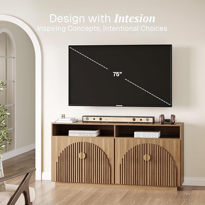 BELLEZE 65-inch Fluted Sideboard with Open Shelf, Mid Century Modern Sideboard with Adjustable Shelves & Cable Management, Wooden Accent Cabinet for Dining Room, Living Room - Caramel Brown