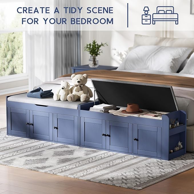 42.6" Storage Bench - Entryway Shoe Bench with Side Storage Shelves and 3 Doors, Multifunctional Entryway Bench with Lift Top Cushion, Shoe Storage Bench for Bedroom, Living Room, Blue