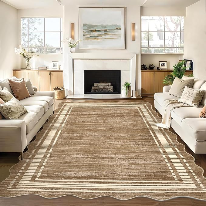 Garvee Scalloped Large Modern Abstract Area Rug 10x13 Washable Rug for Living Room, Non-Slip Soft Carpet for Bedroom, Scalloped Low-Pile Solid Print Accent Rug for Dining Room Home Office, Brown
