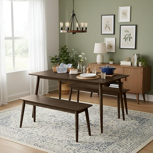 Alaterre Furniture Calais Dining – 3 Piece Dining Table Set for 4 with Benches – Mid Century Modern 59-Inch Solid Wood Kitchen & Dining Room Table with Two 46-Inch Bench (Pecan Finish)