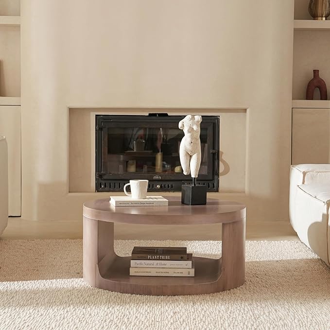 Round Coffee Table with Storage, 31" Modern Living Room Table, 2 Tier Circle Wood Center Tables for Apartment, Living Room, Open-Style Storage Tea Tables, 31"*14.1" (Dusty Pink)