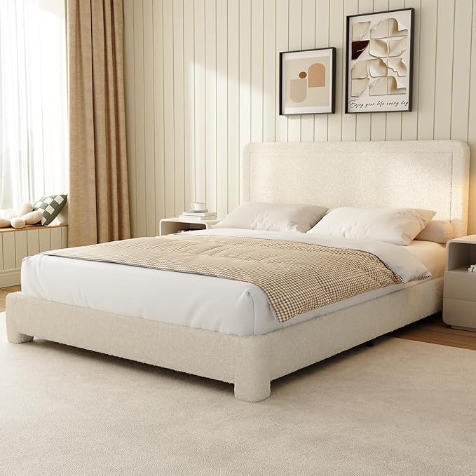 WEUP Full Size Boucle Bed Frame, Upholstered Cloud Bed Frame with Headboard, Soft Rounded Corners, No Box Spring Required, Adjustable Headboard, Easy Assembly