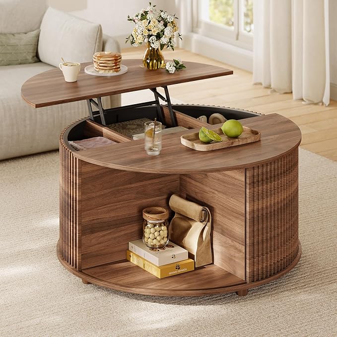 Round Lift Top Coffee Table, 34.6" Modern Coffee Table with 180° Curved Sliding Door, Fluted Accent Coffee Tables with Hidden Storage and Open Shelves, for Living Room, Office, Walnut