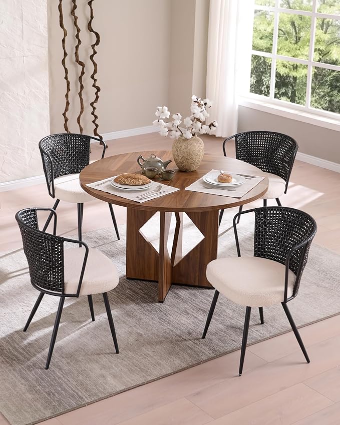 BedsPick Rattan Dining Chair Set of 2 - Farmhouse Upholstered PE Rattan Kitchen Chair with Boucle Cushion, Wingback Dining Room Seat with Cane Back and Metal Legs for Home, Kitchen (Black)