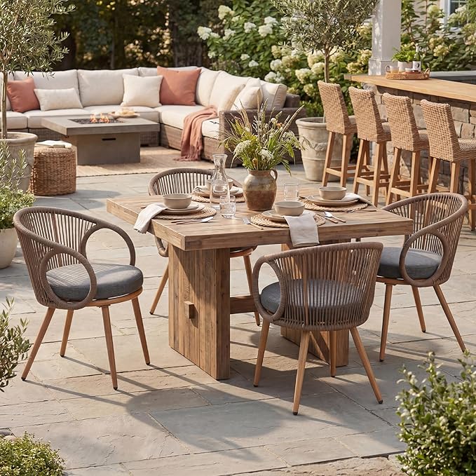 Modern Outdoor Dining Chair Set of 4 with Cushion, Scandinavian Rope Woven Patio Armchairs, Wood-Look Metal Frame, Weather-Resistant Balcony Backyard Dining Seating, Brown