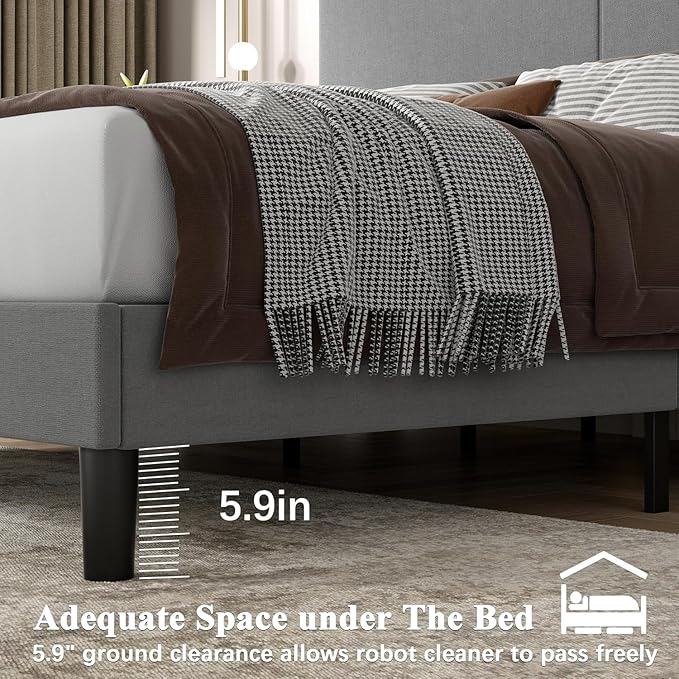 VECELO Queen Bed Frame Upholstered with Charging Station, Height-Adjustable Headboard, Wooden Slat Support, No Box Spring Needed, Easy Assembly, Dark Grey