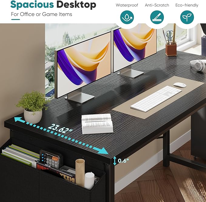 OLIXIS Computer Desk 63 Inch Home Office Desks for Small Spaces, Gaming Writing Study Work Table with Storage Bag and Headphone Hook for Bedroom, Black