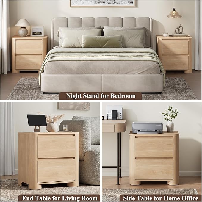 Nightstands Set of 2 with Charging Station, 23.6" Modern Night Stand with Unique Thickened Foot and 2 Storage Drawers, Bedside Table with Rounded Corner Design for Bedroom, Natural