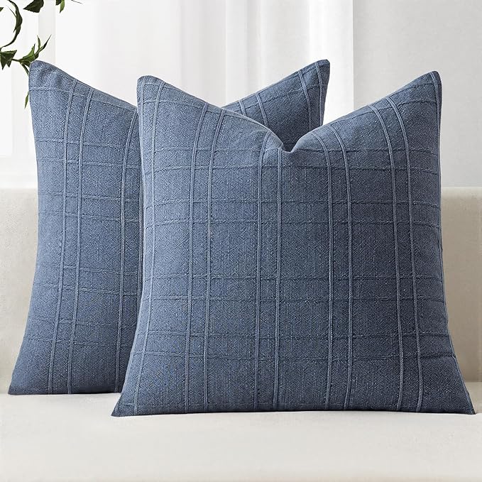 MIULEE Decorative Linen Check Euro Shams Throw Pillow Covers Neutral Farmhouse Vintage Pillow Covers 28x28 Set of 2 Boho Modern Home Decor for Sofa Couch Bedroom Cushion Blue