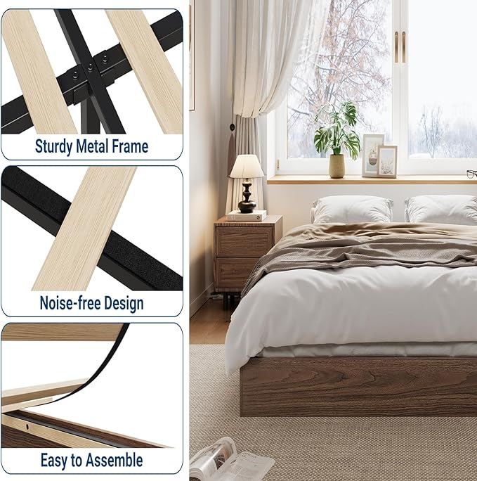 IDEALHOUSE Platform Bed Frame Full Size,Wooden Slat Support,No Box Spring Needed, Easy Assembly,Walnut