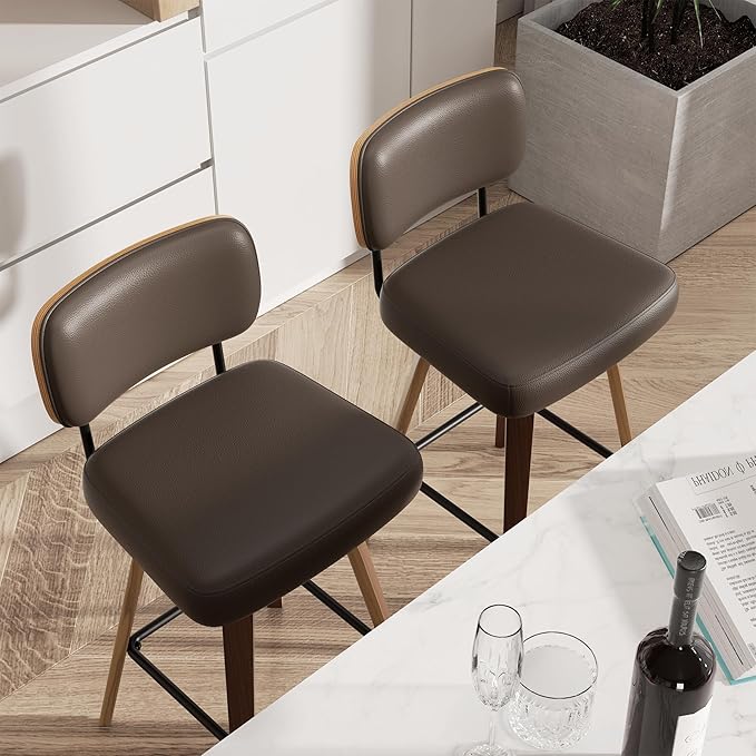 Swivel Bar Stools Set of 2, 26" Upholstered Faux Leather Counter Height Barstools with Walnut Back & Bentwood Legs, Mid Century Modern Bar Chairs Island Stools for Kitchen Counter, Coffee