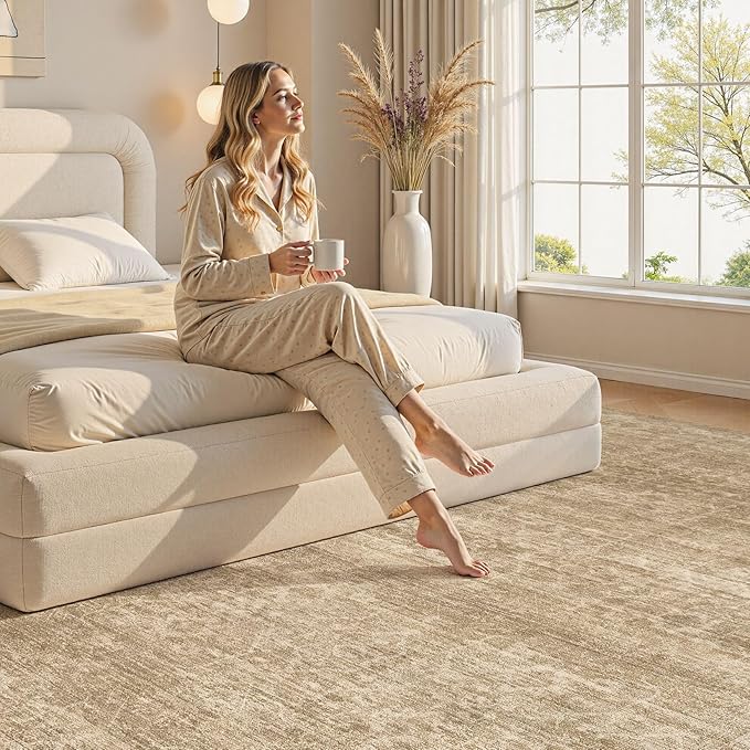 Nakagishi 6x9 Area Rugs Living Room: Washable Large Vintage Rug Neutral Non-Slip Soft Stain Resistant Indoor Carpet for Bedroom Nursery Dining Room Office Playroom - Dark Bown