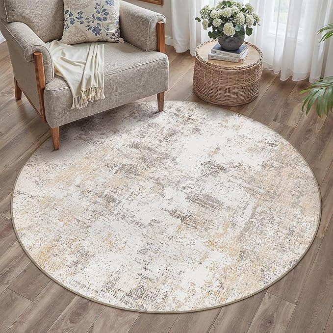 3x3 Washable Round Rug Beige Grey Abstract Non Slip Soft Low Pile Circle Rug for Dining Room Office Entryway Neutral Modern Indoor Carpet for Living Room Bedroom Home Decor