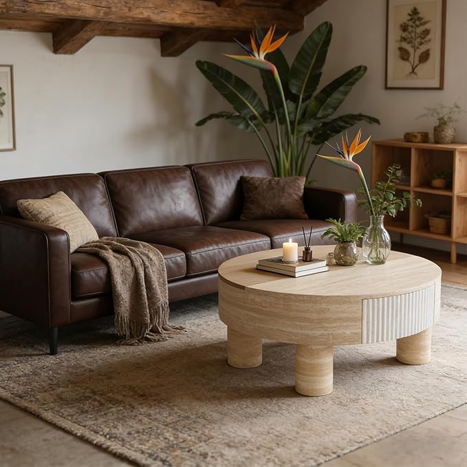 31.5" Round Coffee Table with Flip Top and Hidden Storage, Faux Marble Tabletop for Living Room, Modern Wooden Circle Center Table, Tea Table for Apartment, Office, Beige Mars Pattern