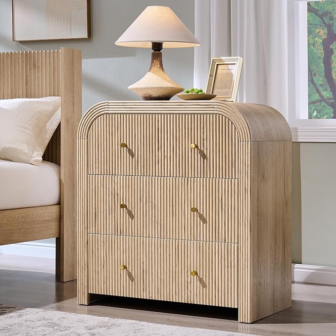 T4TREAM Fluted Dresser with 3 Drawers, 32" Tall Modern Chest of Drawers with Thickened Curved Profile Design, Wood Closet Clothes Storage Organizer for Bedroom, Living Room, Hallway, Natural Oak
