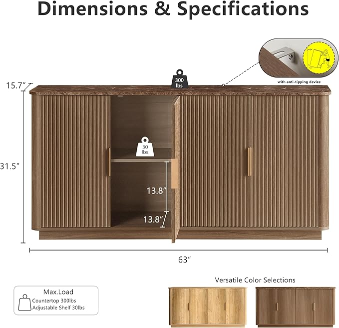 win2win 63" Fluted Sideboard Buffet Cabinet with Faux Marble Top, Mid Century Modern Credenza with Storage, Wood Media TV Console Accent Cabinet for Living Room Kitchen Hallway, Walnut