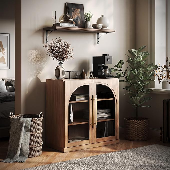 BELLEZE Modular Sideboard with Arched Glass Door, Accent Display Buffet Cabinet with Storage and Adjustable Shelves,Classic Modern Credenza for Dining Room Living Room Entryway (Camel)