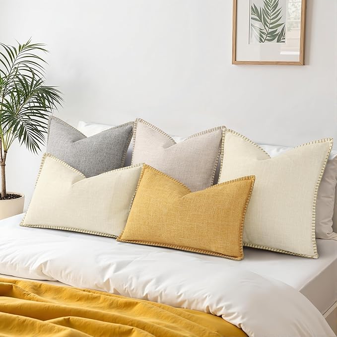 decorUhome Summer Decorative Throw Pillow Covers 24x24 Set of 2 Faux Linen Farmhouse Euro Sham Pillow Covers with Stitched Edge Outdoor Neutral Pillow Covers for Couch Sofa Living Room, Cream White