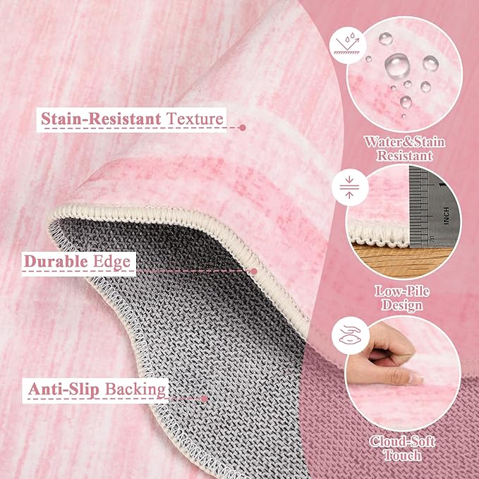 Garvee Scalloped 9x12 Area Rugs for Living Room Large Washable Rugs,Neutral Solid Rug Stain Resistant Non Slip Floor Mat Carpet Indoor Accent Rug for Bedroom Dining Room Playroom Home Decor,Pink