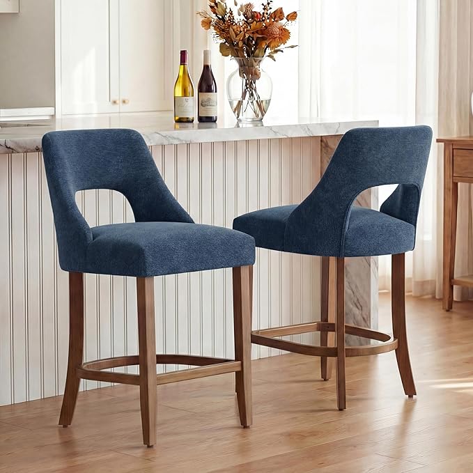 UVV Bar Stools Set of 6, Upholstered Counter Height Bar Stools, Modern Counter Stools with Wood Legs for Kitchen Island Dining Room Bar, Navy Blue
