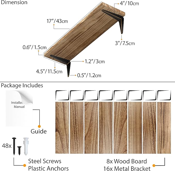 Wallniture Arras Floating Shelves for Wall, 17"x 4.5" Rustic Bookshelf for Living Room Decor, Home Office Bookshelves, Burned Finish Storage Shelf Set of 8