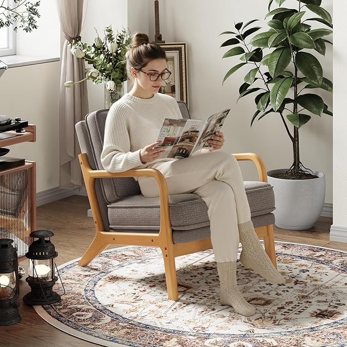 MALOL Accent Chair Set of 2 with Solid Wood Frame, Mid-Century Relaxing Armchair Lumbar Pillow& Soft Cushion, Reading Leisure Chair for Living Room, Bedroom, Waiting Room-Grey