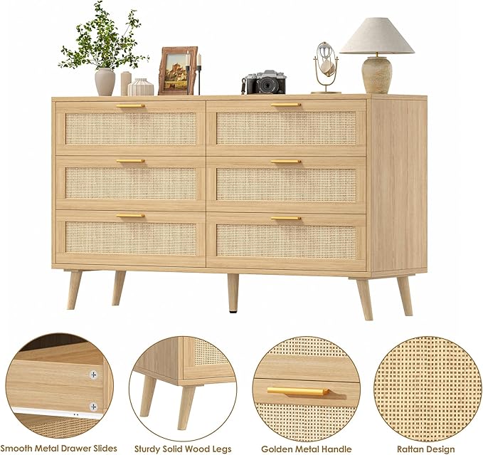 Rovaurx Rattan 6 Drawer Double Dresser for Bedroom, 47.2" Wide Boho Chest of Drawers, Modern Wooden Dresser Chest with Golden Handles, Beside Table for Closet, Living Room and Entryway, Natural Oak