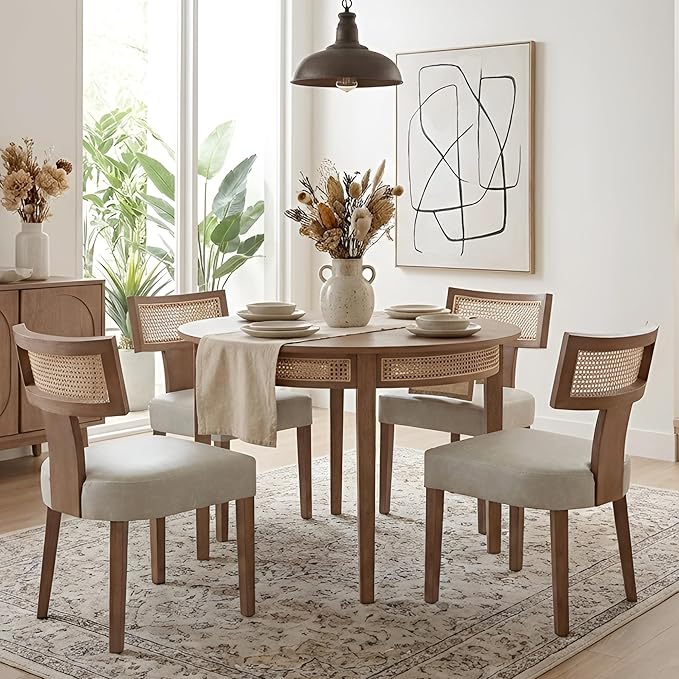 HNY Mid Century Modern Rattan Dining Chairs Set of 6, Farmhouse PU Leather Upholstered Accent Chair Curved Backrest Kitchen Chairs, with Hardwood Frame, Grey