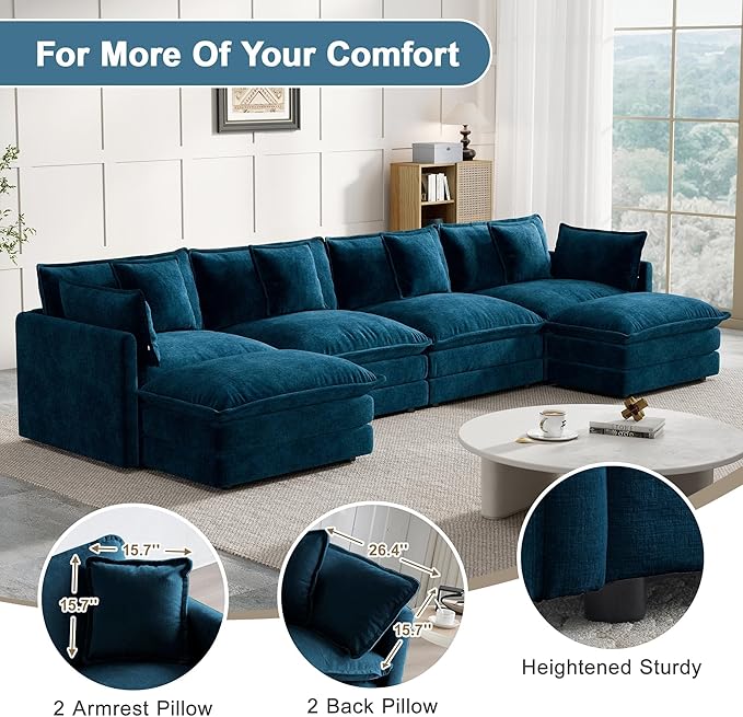 Modular Sectional Sofa, 146.5 Inch U-Shaped Cloud Sofa with Deep Seat Chenille Sofa with Cushions, Four Seater Sectional Sofa for Living Room Apartment, Blue