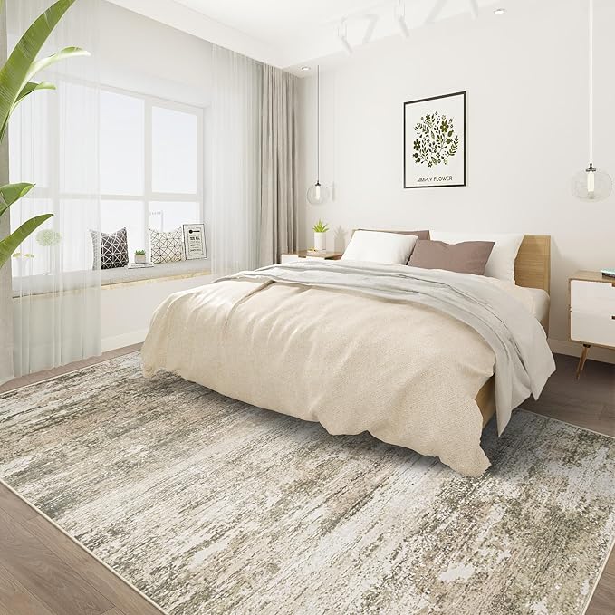 Washable Rug 5x7 Area Rugs for Living Room: Neutral Soft Rug Abstract Non Slip Low Pile Modern Carpet for Bedroom Kitchen Nursery Office Dining Room Indoor (Brown, 5'x7')