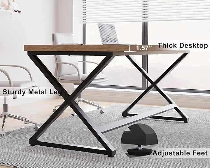 IBF Rustic Computer Desk, Modern Metal Home Office Desk, Farmhouse Work Study Writing Desk in Bedroom, Minimalist Wood Laptop Executive Workstation Computer PC Gaming Table, Rustic Oak, 55 in