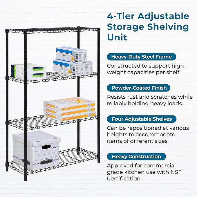 Honey-Can-Do 4-Tier Heavy-Duty Adjustable Shelves, Metal Storage Rack with 250-lb Shelf Capacity, Black, 14" W x 36" L x 54" H