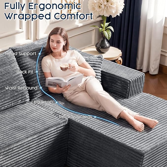 Grey Modular Sectional Couch with 108" L-Shape Chaise, Deep Seat Corduroy Sofa Plush Fabric Cloud-Like Couches for Living Room, No Assembly Modern Minimalist Furniture (Left Facing Chaise)