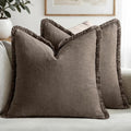 MIULEE Decorative Throw Pillow Covers Neutral Linen Fringe Throw Pillows Set of 2 Natural Coffee Boho Farmhouse Cushion Covers with Tassels for Couch Sofa Bed Living Room Spring Decor 20x20 Inch