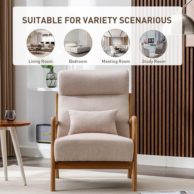 ANJ Mid Century High Back Accent Chairs Set of 2, Single Lounge Armchair with Solid Wood Frame, Comfy Reading Chair for Living Room, Easy Assembly