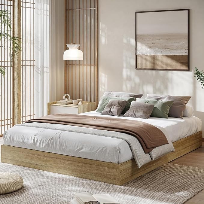 Queen Bed Frame, Wood Platform Bed with Sturdy Wooden Slats, Floor-Standing Bed Frame, Modern Minimalist Design, No Box Spring Needed, Easy Assembly