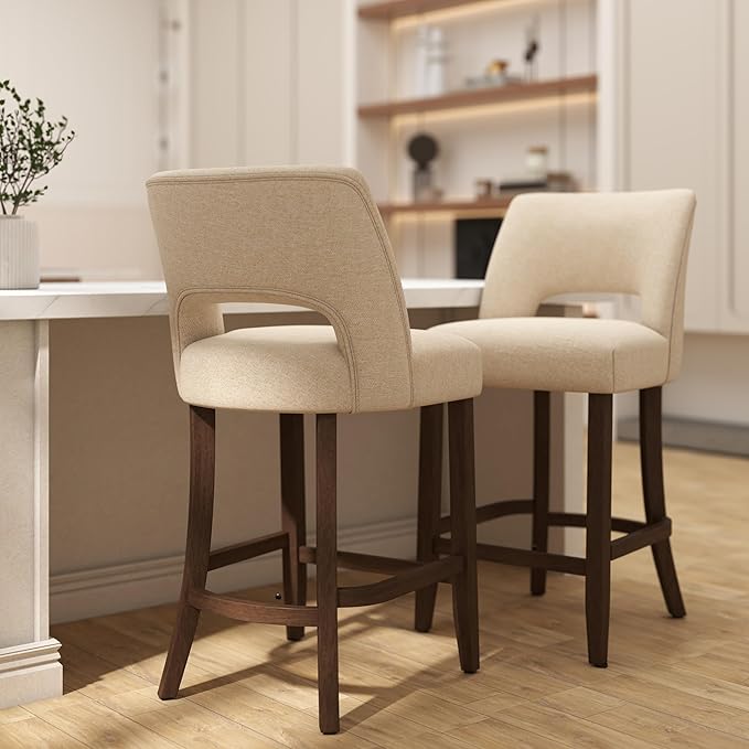 VKNOW Bar Stools Set of 6, 26" Upholstered Counter Height Bar Stools, Modern Counter Stools with Wood Legs for Kitchen Island Dining Room Bar, Beige