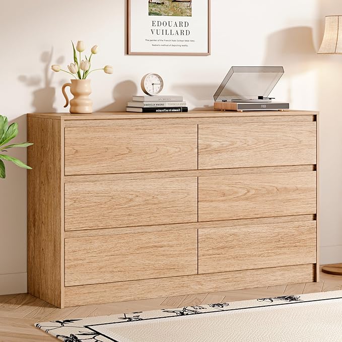 Chrangmay 6 Drawer Dresser,47" Wide Mid Century Chest of Drawers,Wooden Bedroom Drawer Dresser with 6 Storage Drawers for Bedroom,Living Room,with Anti-Tipping Device,Natural