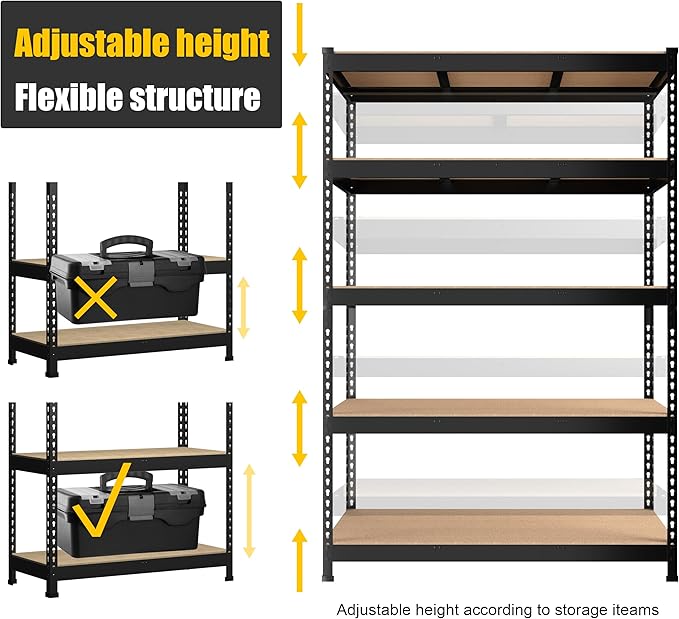 PrimeZone 48" x 24" x 72" Heavy Duty 5 Tier Adjustable Garage Storage Shelving, Metal Utility Rack Shelf Unit for Warehouse Pantry Closet Kitchen, Black, 6 Pack