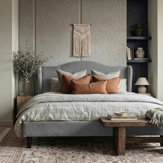 Allewie King Size Bed Frame, Upholstered Wingback Platform with 47" Tall Tufted Headboard, Plush Velvet Fabric, Modern Minimalist Design, No Box Spring Required, Tool-Free Assembly, Grey
