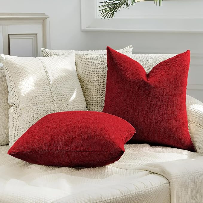 HAUSSY Red Throw Pillow Covers 24x24 Inch Set of 2,Boho Decorative Faux Linen Throw Pillows Cozy Farmhouse Accent Cushion Covers,Home Decor for Couch Sofa Bed Living Room